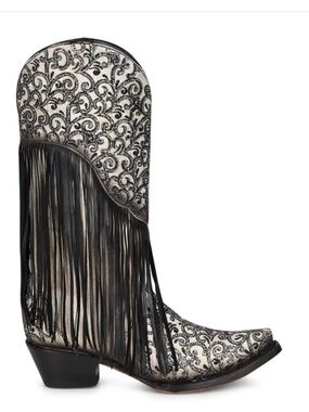 Corral Black and White Embroidered Fringe Western Boots